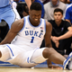 Feb 20, 2019; Durham, NC, USA; Duke Blue Devils forward Zion Williamson (1) reacts after falling during the first half against the North Carolina Tar Heels at Cameron Indoor Stadium. Mandatory Credit: Rob Kinnan-USA TODAY Sports - 12201420
